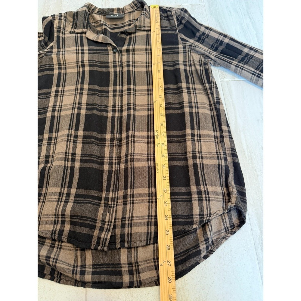 VICI S Brown Black Plaid Button Up Shirt 90s Grunge Dark Academia Fall Casual - Picture 10 of 11